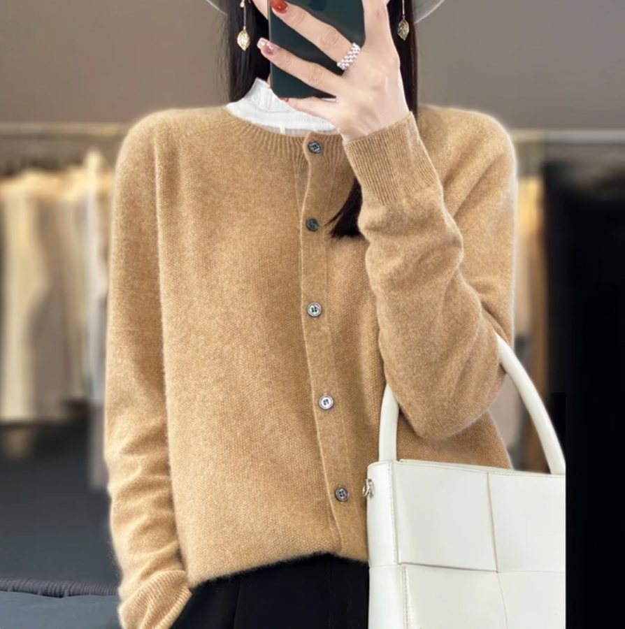 Eleanor camel round neck button down cardigan, front view
