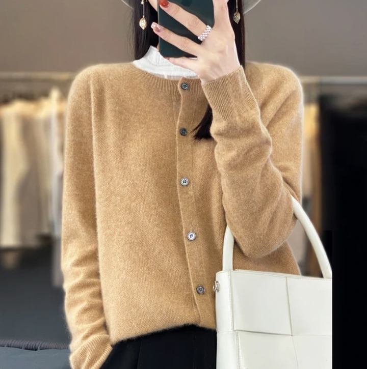 Eleanor camel round neck button down cardigan, front view