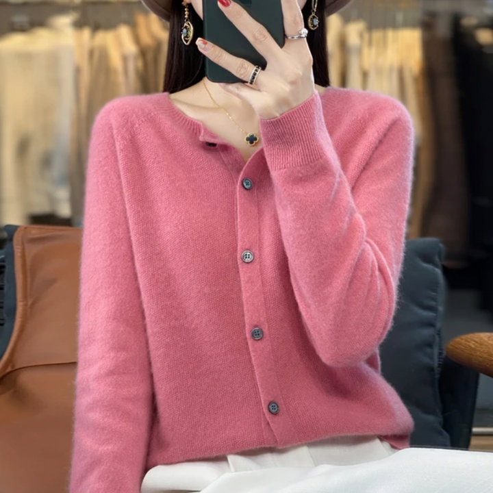 Eleanor pink round neck button down cardigan, front view