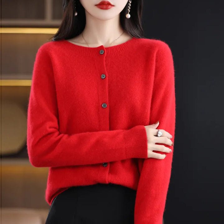 Eleanor red round neck button down cardigan, front view