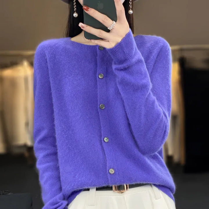 Eleanor purple round neck button down cardigan, front view