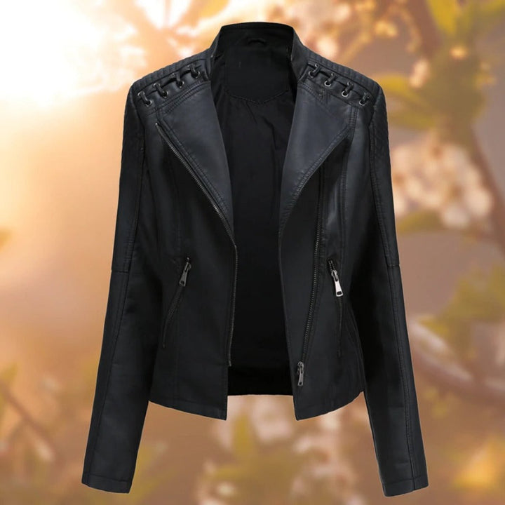 Elisabeth biker jacket in black, front view with zipper open