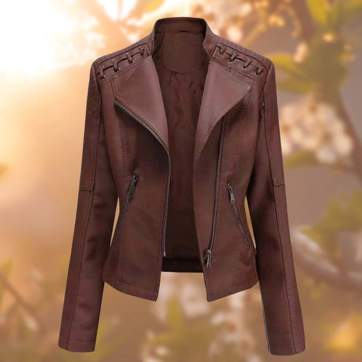 Elisabeth biker jacket in dark brown, front view