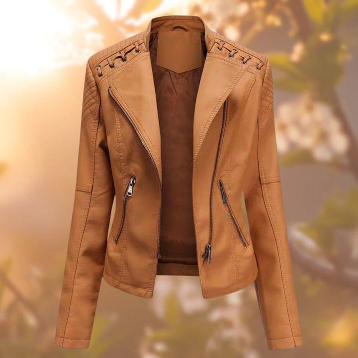 Elisabeth biker jacket in camel, front view