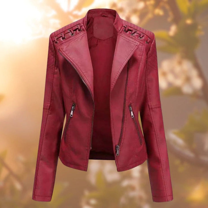 Elisabeth biker jacket in burgundy, front view