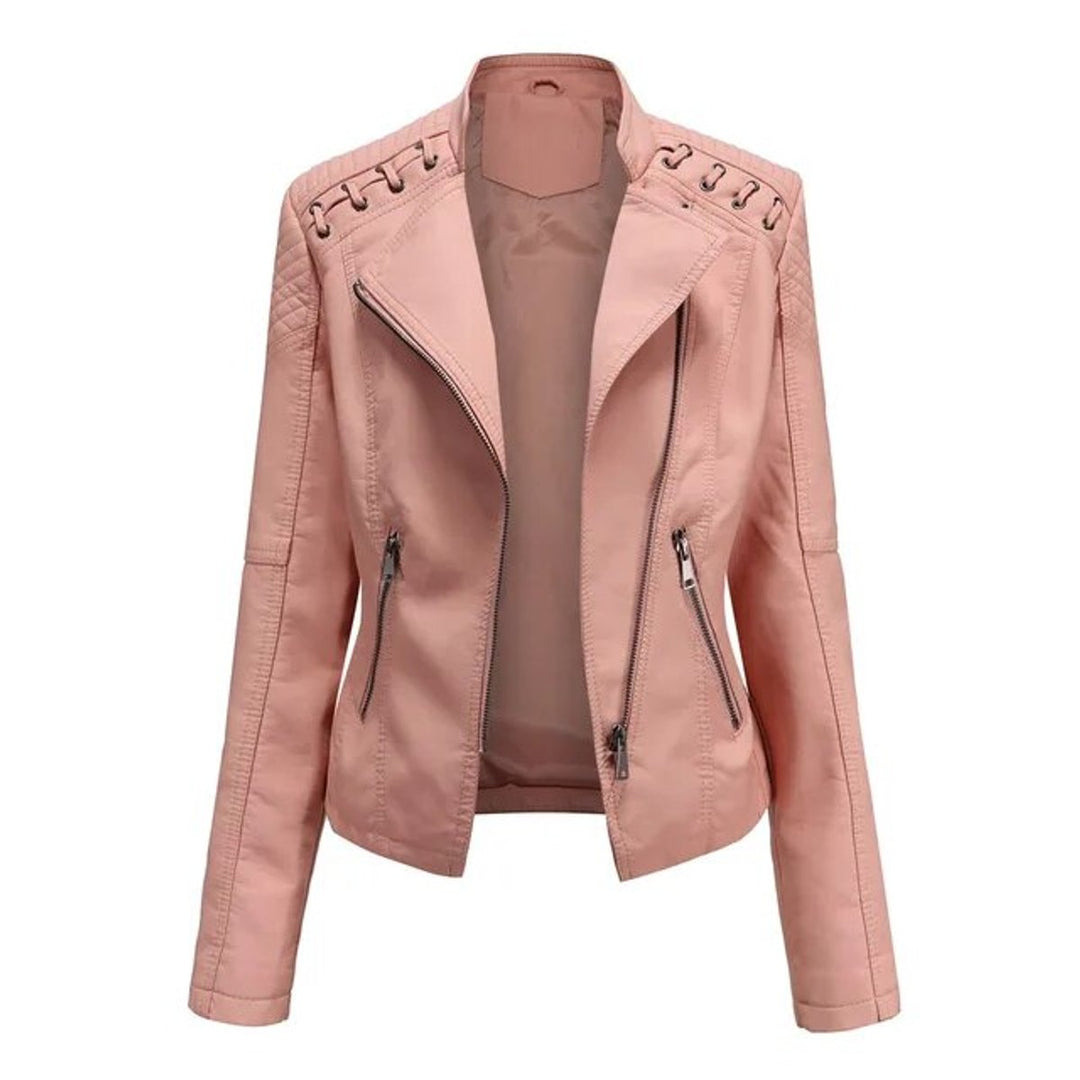 Elisabeth biker jacket in pink, front view