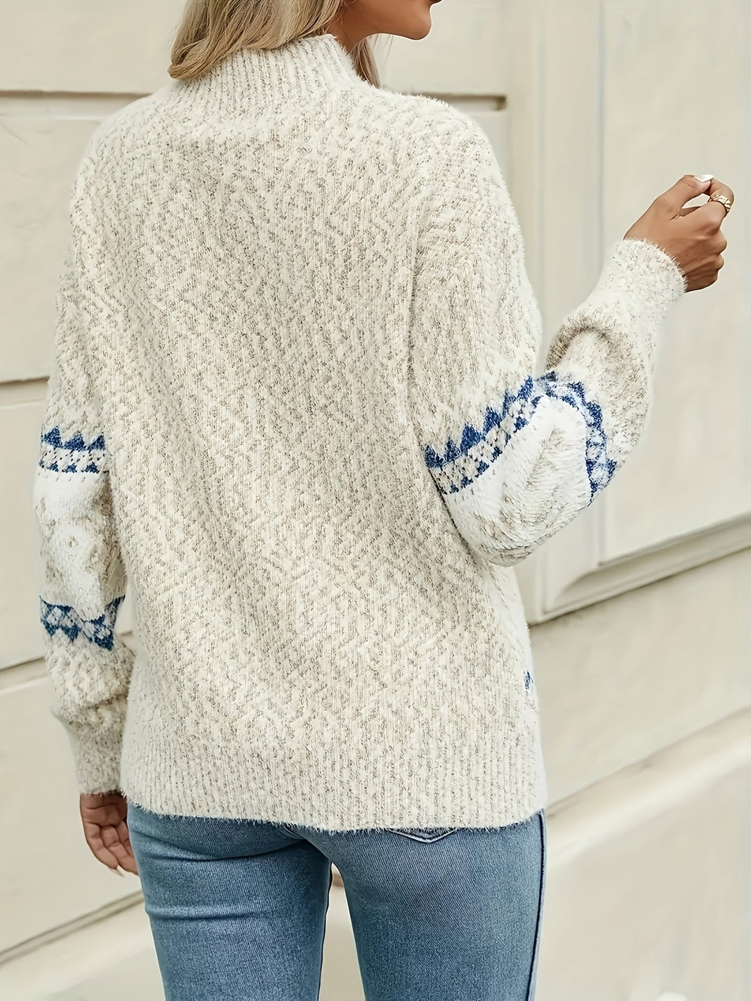 Elowen crew neck sweater, back view showing knit texture