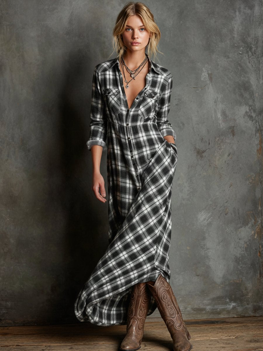 Emilia plaid flannel maxi shirt dress in black and white, front view