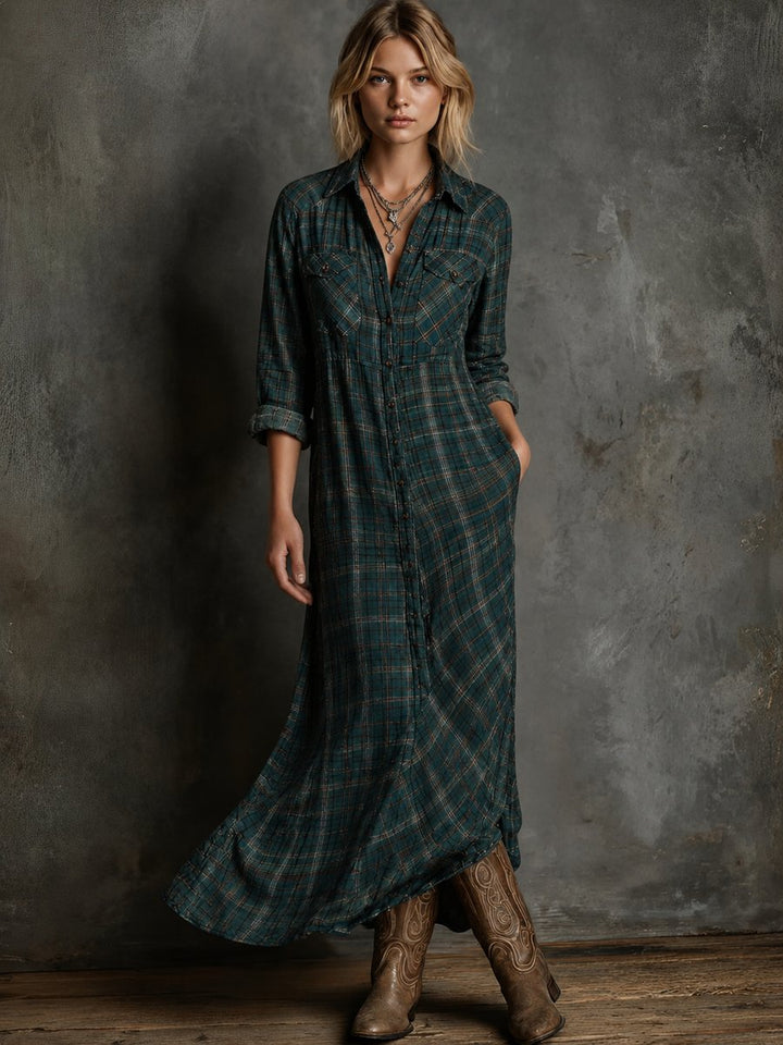 Emilia plaid flannel maxi shirt dress in teal, front view