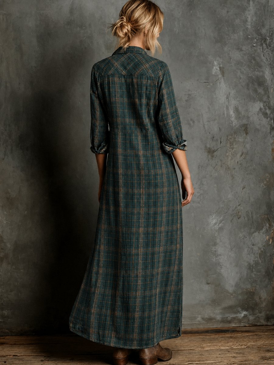 Emilia plaid flannel maxi shirt dress in teal, back view showing yoke detail