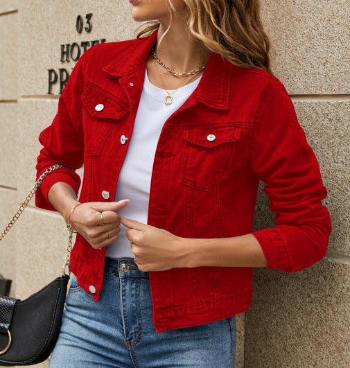 Everly red denim jacket, close up front detail