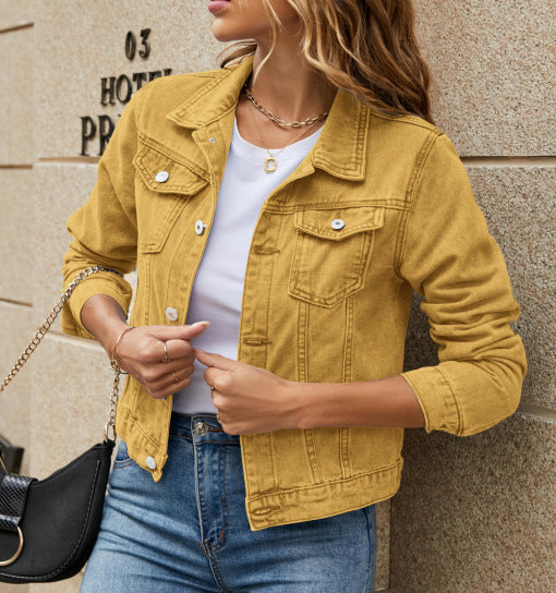 Everly mustard yellow denim jacket, front view with gold jewelry