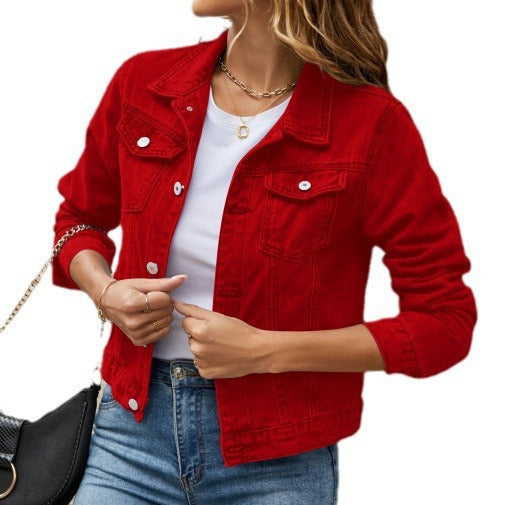 Everly red denim jacket, front view on white background