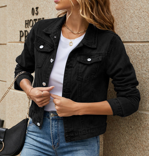 Everly black denim jacket, close up button and pocket detail