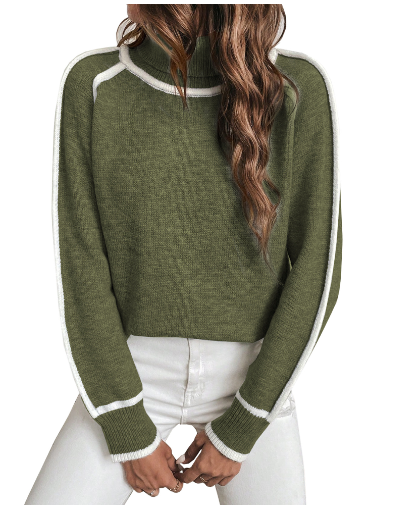 Everly green contrast trim turtleneck sweater, front view