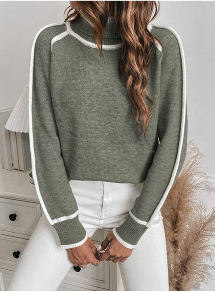 Everly green turtleneck sweater with ribbed cuffs, close-up