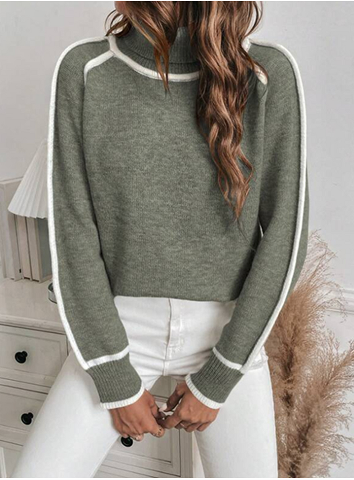 Everly green turtleneck sweater with ribbed cuffs, close-up