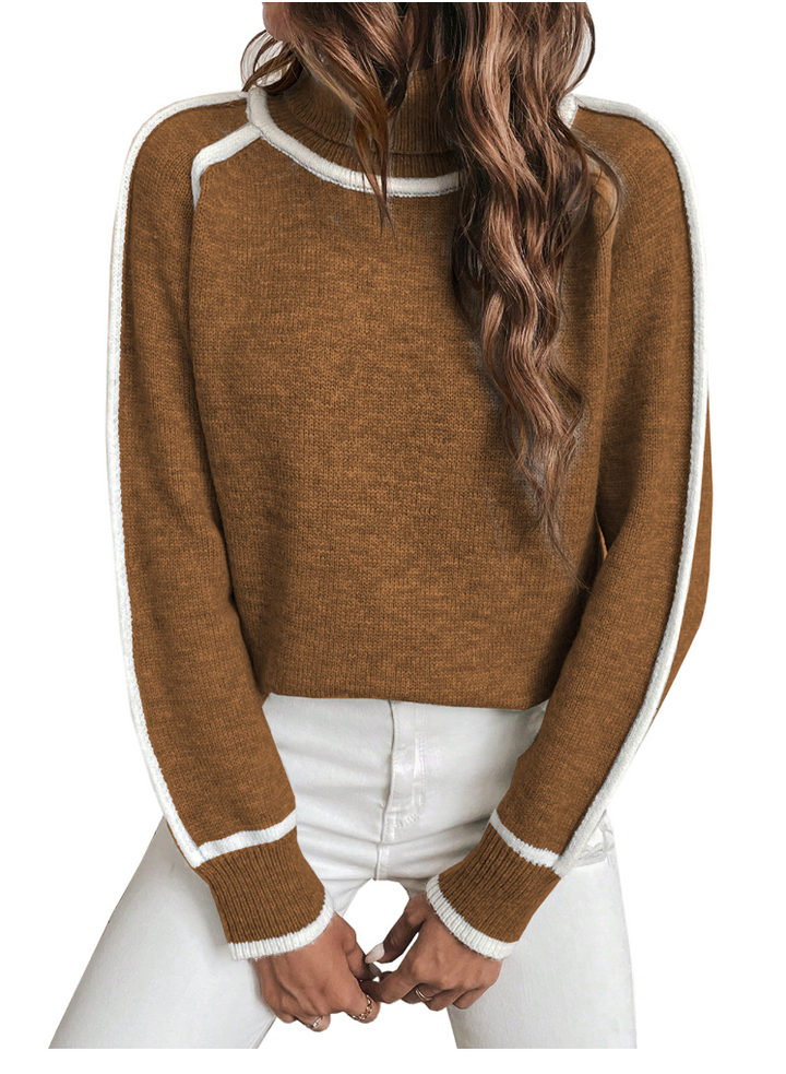 Everly brown turtleneck sweater with contrast trim, front view