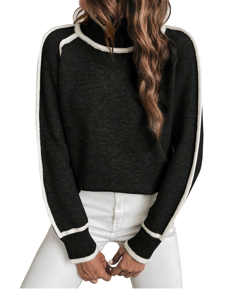 Everly black turtleneck sweater with contrast trim, front view