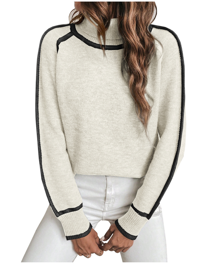 Everly ivory turtleneck sweater with black contrast trim, front view