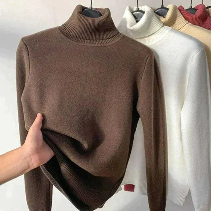 Everly turtleneck sweater in brown shown with fleece lining detail