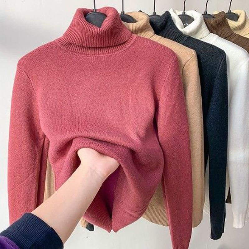 Everly turtleneck sweater in red shown with fleece lining detail
