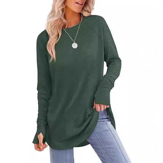 Everly long sleeve raglan tunic top in dark green, front view