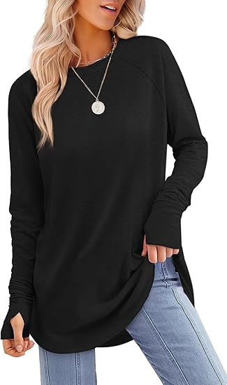Everly long sleeve tunic top in black, front view