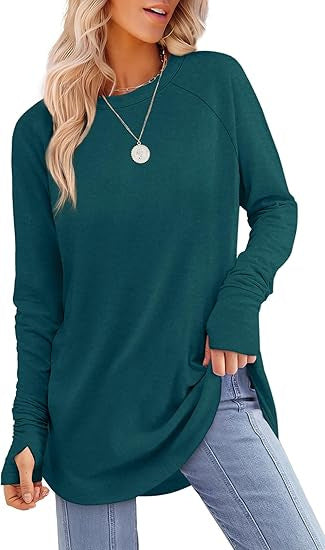 Everly long sleeve tunic top in dark teal, front view
