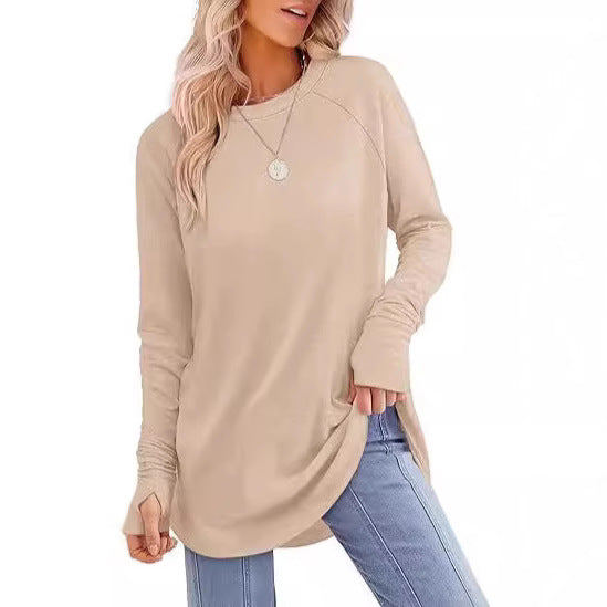 Everly long sleeve tunic top in beige, styled with jeans