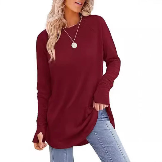 Everly long sleeve tunic top in burgundy, styled with jeans