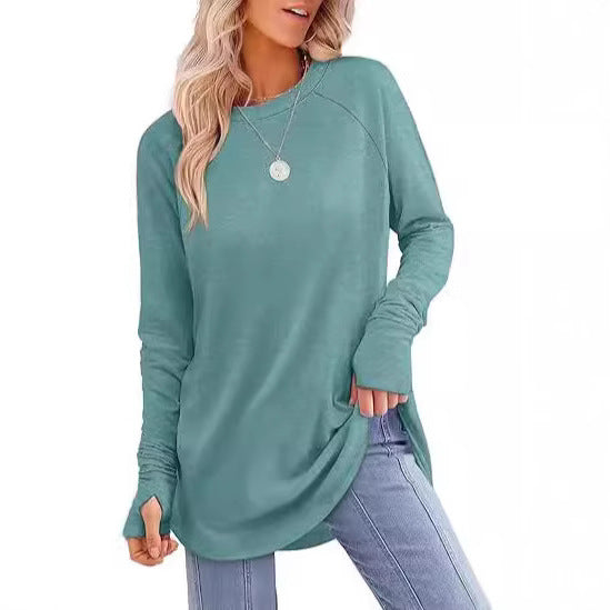 Everly long sleeve tunic top in sage green, styled with jeans