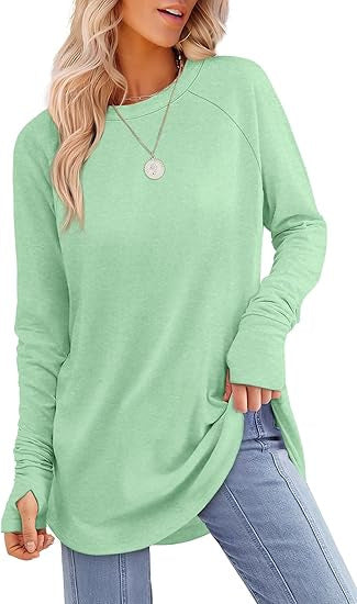 Everly long sleeve tunic top in mint green, styled with jeans