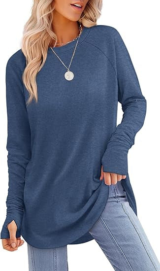 Everly long sleeve tunic top in denim blue, styled with jeans