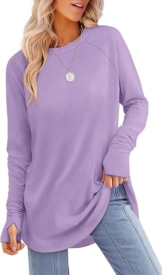 Everly long sleeve tunic top in lavender, styled with jeans