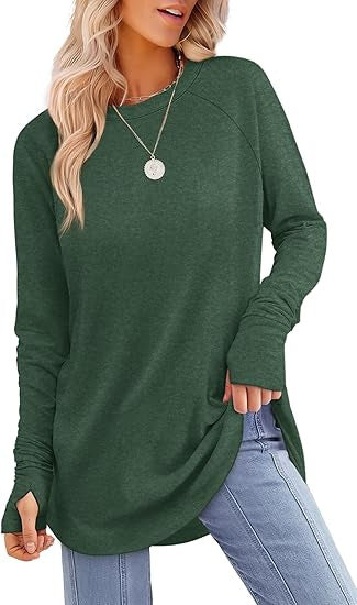 Everly long sleeve tunic top in dark green, styled with jeans