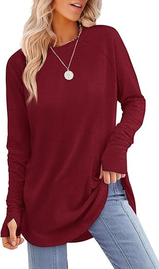 Everly long sleeve tunic top in wine red, styled with jeans