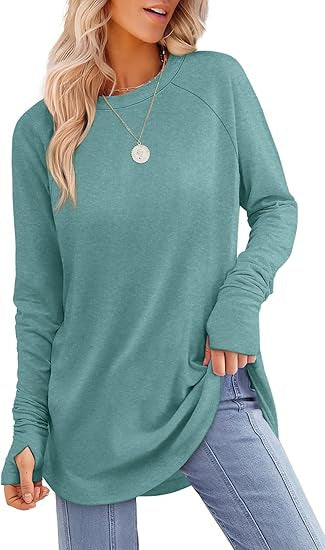 Everly long sleeve tunic top in teal, front view