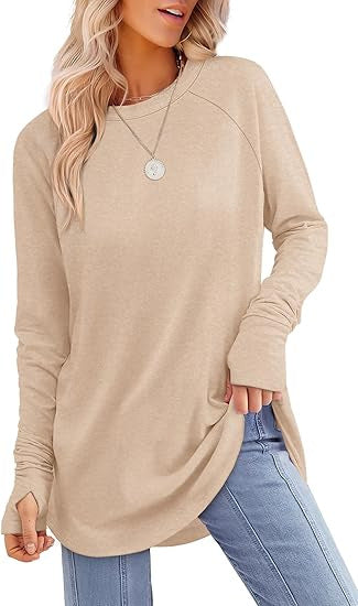 Everly long sleeve tunic top in beige, front view