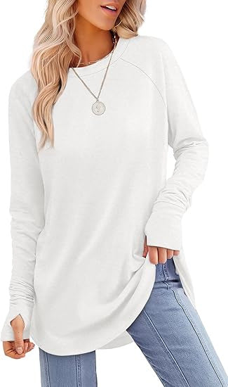 Everly long sleeve tunic top in white, front view