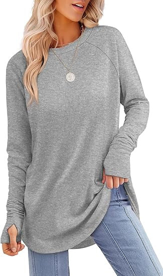 Everly long sleeve tunic top in gray, front view