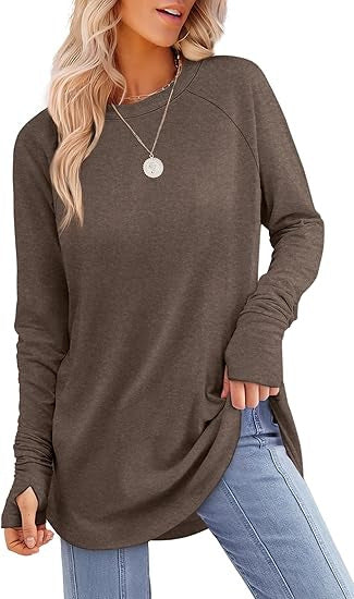 Everly long sleeve tunic top in brown, front view