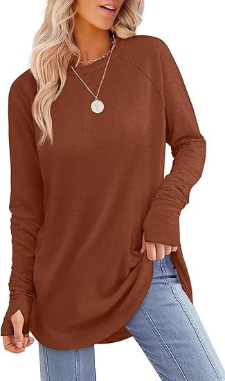 Everly long sleeve tunic top in rust, front view