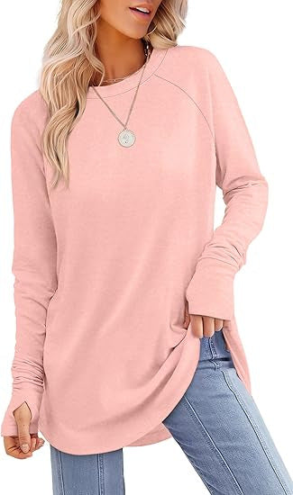 Everly long sleeve tunic top in blush pink, front view
