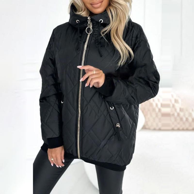 Farrah diamond quilted hooded jacket, close-up of zipper and hood detail
