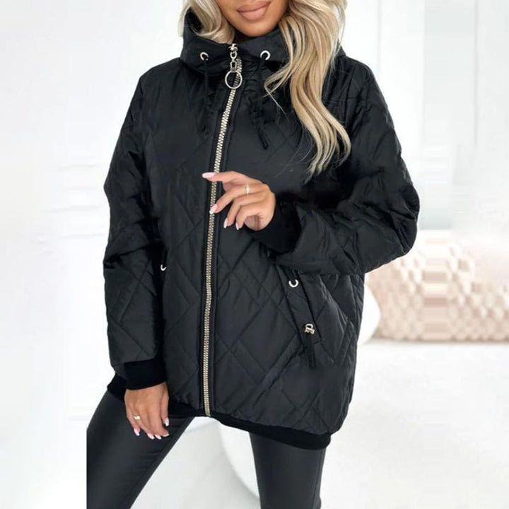 Farrah diamond quilted hooded jacket, close-up of zipper and hood detail