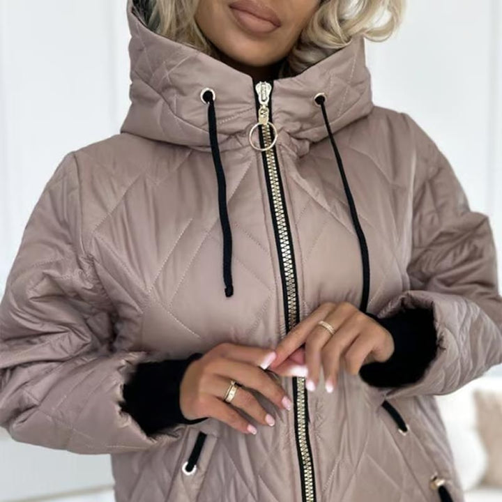 Farrah diamond quilted hooded jacket, close-up of zipper and hood detail