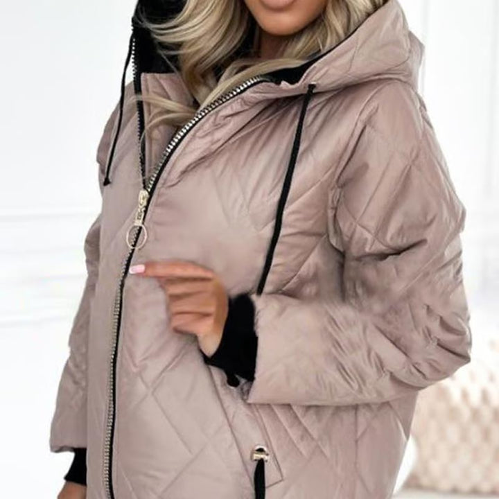 Farrah diamond quilted hooded jacket, close-up of zipper and hood detail
