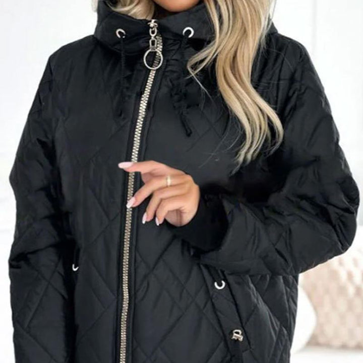 Farrah diamond quilted hooded jacket, close-up of zipper and hood detail
