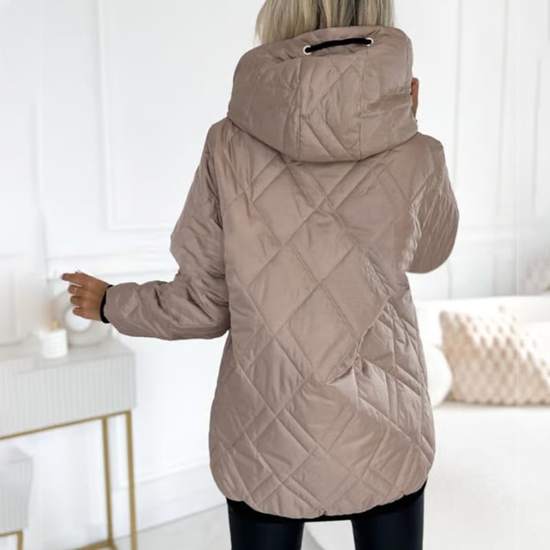 Farrah diamond quilted hooded jacket, close-up of zipper and hood detail